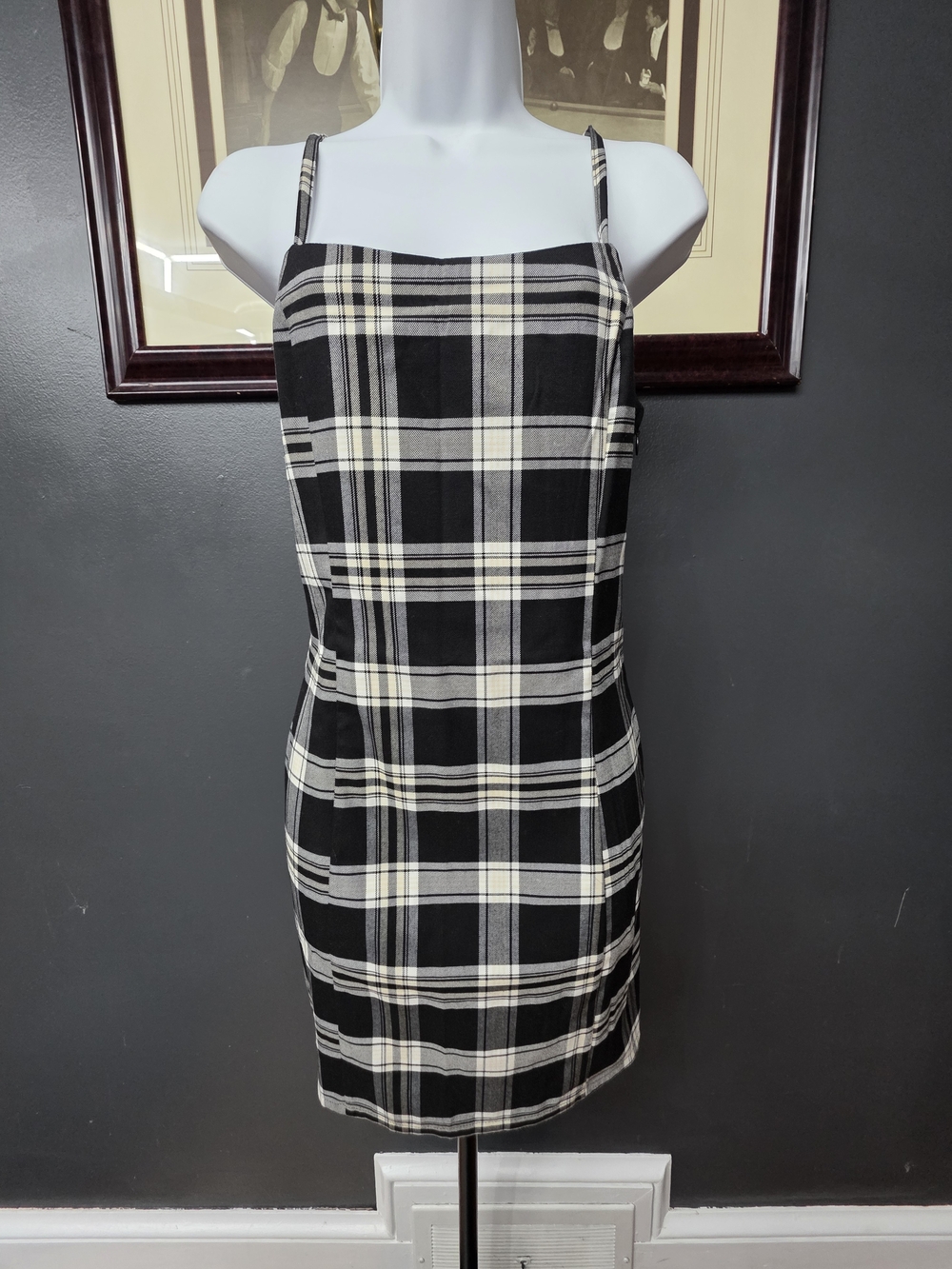 H&M Black and White Plaid Mini Dress with Spaghetti Straps